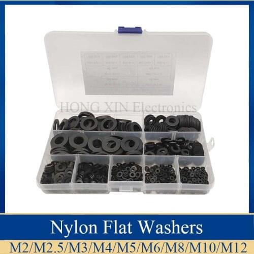 700pcs Washer Set m2 m2.5 m3 m4 m5 m6 m8 m10 Plastic Washer Black or White Gasket Set Plain Washer Assortment Kit Ring Flat Pad