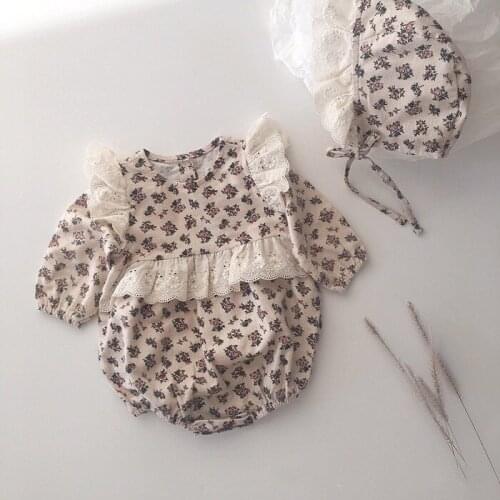 Infants Autumn Clothes Korean Style Newborn Baby Girls Lace Floral Bodysuits Long Sleeve With Hats Toddlers Kids Jumpsuts