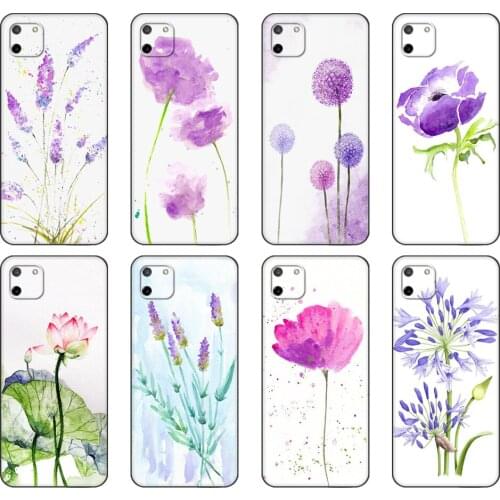 Black tpu Case For OPPO Realme C11 C20 C21 Case Back Cover Bumper Watercolor flower Dandelion Lotus lavender