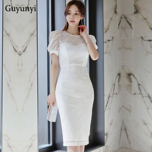 Elegant Office White Dress 2021 Summer High Waist Tight Party Dress Simple Korean Version Temperament Sexy Lace Dress Women