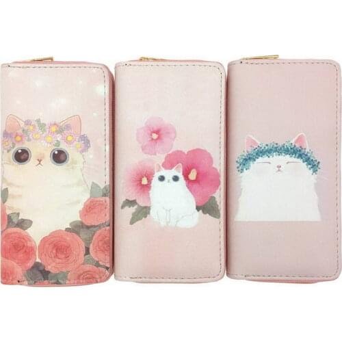 KANDRA Fashion Long Cat and Flower Pattern Wallet Zipper PU Leather Card Slots Phone Bag Cash Purse Girls Clutch Wallets