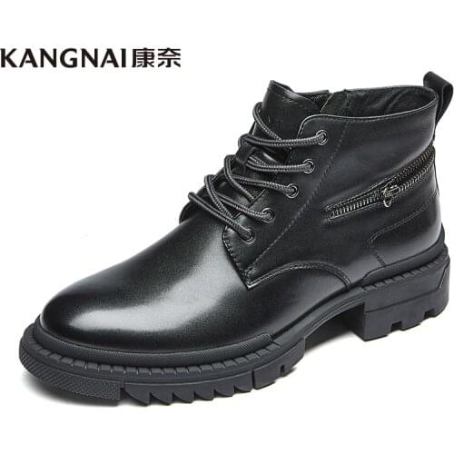 KANGNAI Men Boots Genuine Leather Lace-Up High Top Winter Ankle Boots Vintage Comfortable Female Warm Shoes