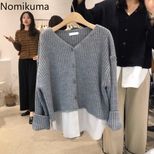 Nomikuma Korean Patchwork Knitted Cardigan 2020 Autumn Winter New Sweater Coat Causal Fake Two Pieces Knitwear Jacket 6C931