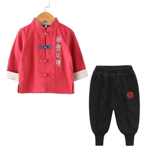 Chinese style cotton linen set одежда для девочек national wind boy children Tang suit girls autumn baby Hanfu Guoxue clothing