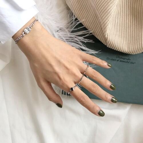Korean Fashion Vintage real Silver Black Beads Water Ripple Hollow Geometric Joint Rings Set for Women Party Charm Jewelry
