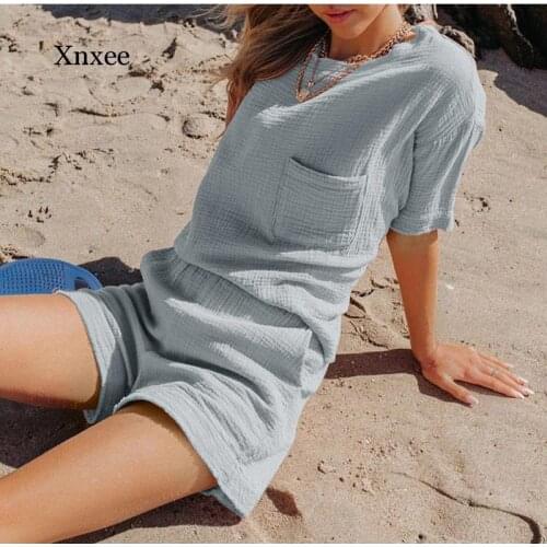 Summer Womens Casual Cotton and Linen Solid Color Suit Short-Sleeved T-Shirt Stretch Shorts Two-Piece Female Beach Suit Sportsw