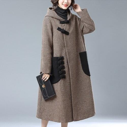 Autumn Winter Womens Coat long Wool coat Ladies hooded Warm outwear Elegant Tang suit style overcoat