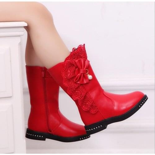 Autumn Kids single boots childrens snow boots winter warm girls boots Leather fashion princess boots plus velvet lace bow shoes