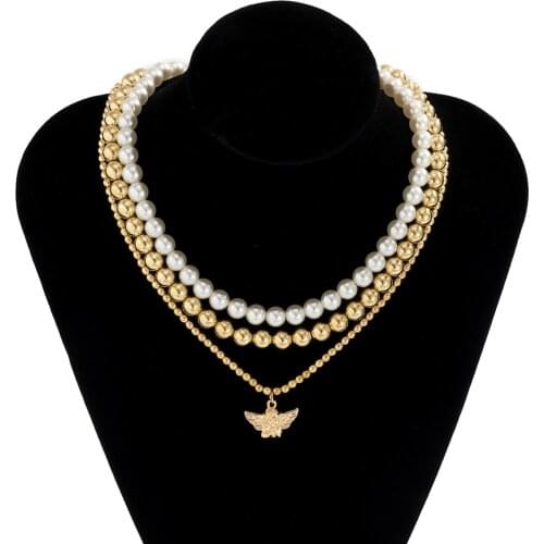 Trendy Punk Pearls with Gold Metal Ball Beads Choker Necklace for Women Female Cute Small Angel Clavicle Necklace Jewelry Gifts
