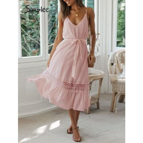 Simplee Sexy white suspender V-neck dress Casual Summer high waist sleeveless lace-up women dresses Fashion Solid elegant dress