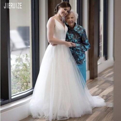 JIERUIZE Simple A Line White Wedding Dresses V Neck Backless Beach Bridal Gowns Vestido De Noiva Custom Made Robe De Mariee