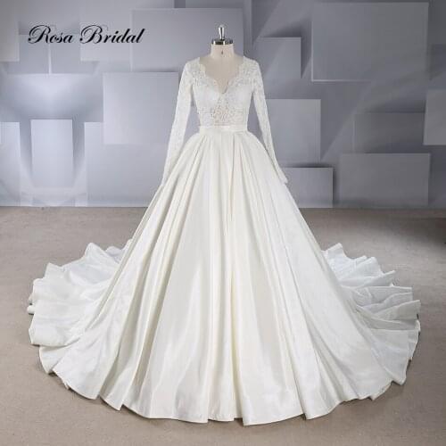 Rosabridal Ball Gown Wedding Dress 2019 new design Sweetheart Neckline Long Sleeves beading bodice satin skirt With Sash