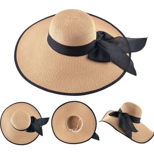 Wide brim Panama straw hat spring and summer ladies sun hat outdoor travel windproof beach hat women oversized brim ribbon hat