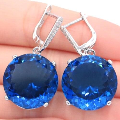 35x20mm SheCrown Hot Sell Big Round Jewelry Set Created London Blue Topaz For Womans Daily Wear Silver Pendant Earrings