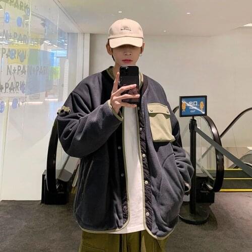 Japan baseball uniform jacket for men loose vintage color matching polar fleece tooling jacket men women trend Harajuku coats