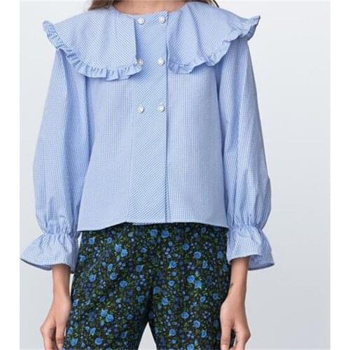 ZXQJ Women 2021 Fashion With Jewel Buttons Checked Blouses Vintage Long Sleeve Ruffled Female Shirts Blusas Chic Tops