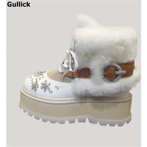 Gullick 2018 Lace Up Platform Shoes Woman Buckles Rhinestone Short Booties Patchwork Women Boots High Quality Wedges Ankle Boots