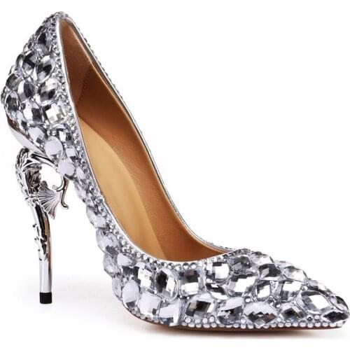 Womens Luxury Rhinestones Diamonds Crystal Pointed Toe High Wedding Stilettos Seahorse Heel Pumps Low Top Pumps Plus Size C774
