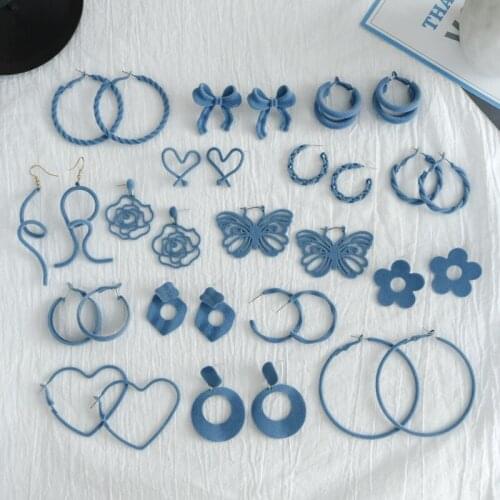 VSnow Multiple Designs Blue Plush Butterfly Flower Drop Earrings for Women Metal Bowknot Heart Circle Geometric Earrings Jewelry