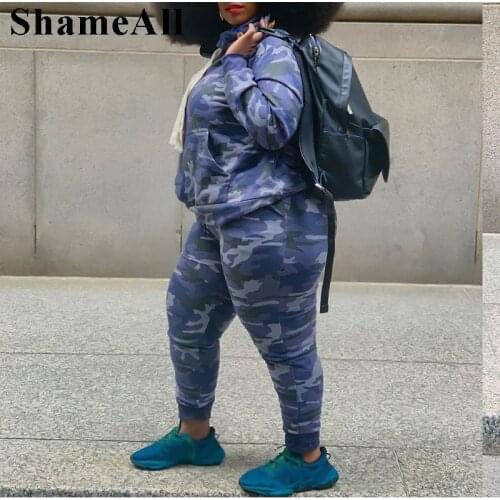 Plus Size Camouflage Big Pockets Pullover Jogger Pants Knitted Sets 4XL Fall Hoodie Skinny Leggings 2 Pieces Tracksuits Outfits