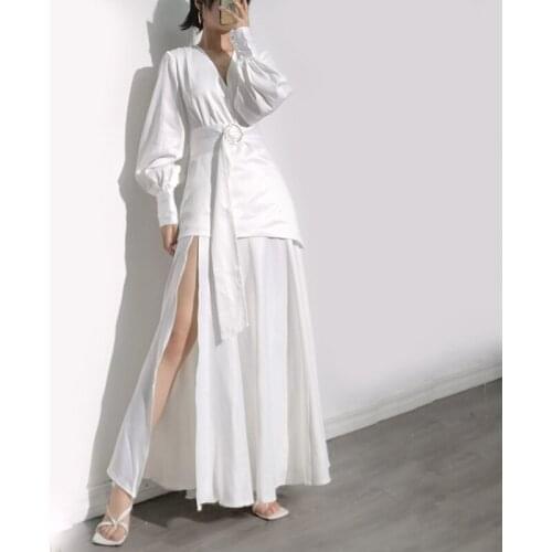 New Office White Color Belt Sashes Women Asymmetrical Dresses Deep V-Neck Ruffles Good Quality Lady Long Dress Vestidos