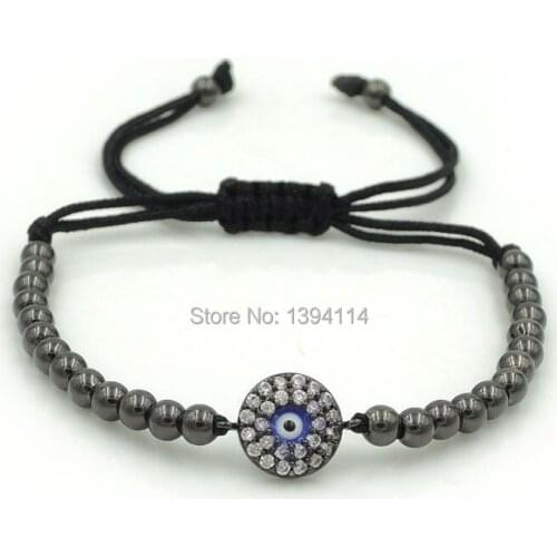 15*10*2mm Micro Pave CZ Round Charm With Enamelling Blue Eye & 4mm Round Beads Braided Macrame Bracelet Jewelry
