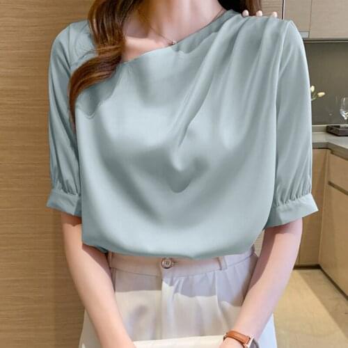 2021 Elegant Chiffon Blouse White Summer Women Shirts Chic Office Solid Color Fashion Womens Clothing Blusas Mujer 15048