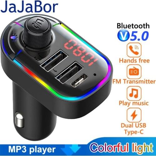 JaJaBor FM Transmitter Car MP3 Player 3.1A Type C Car Charger U Disk Playback Handsfree Bluetooth-compatible 5.0 Car Kit