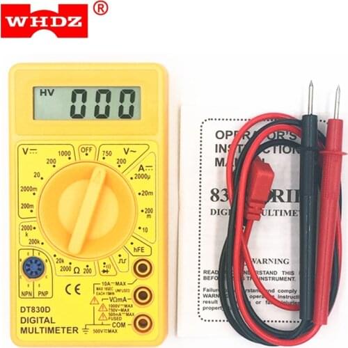 WHDZ DT 830D Mini Digital Multimeter Buzzer Overload protection Voltmeter Voltage Ampere Ohm Meter Test Probe DC AC LCD Yellow