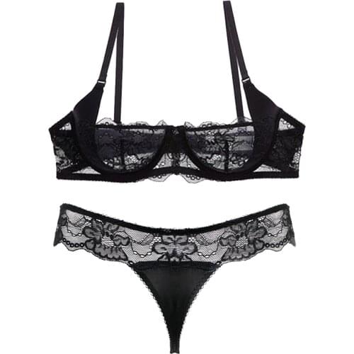 Sexy ladies thong bra set black half cup of lace gathered plump bra underwear comfortable girl lingerie bra+thong 2pcs/pack