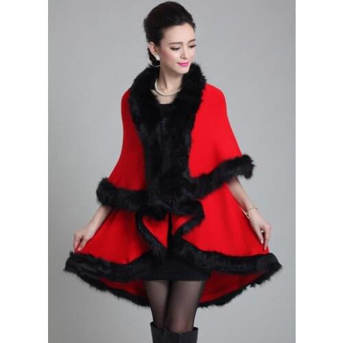 Autumn and winter new womens plus size double-layer long loose knitted jacket womens fashion faux fur fox fur cloak shawl