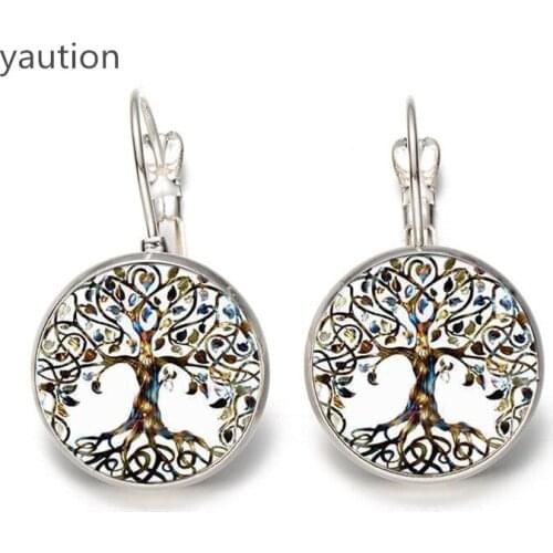 Hot! Tree of Life Flower Stud Earrings Vintage Tree of Life Cabochon Celtic Glass Earrings for Women Jewelry Gifts