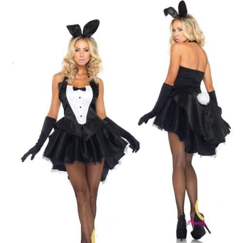 Top sale woman sexy lingerie hot sexy Cocktail dress +Bunny Ears+Black gloves sexy costumes exposed breasts Christmas lingerie