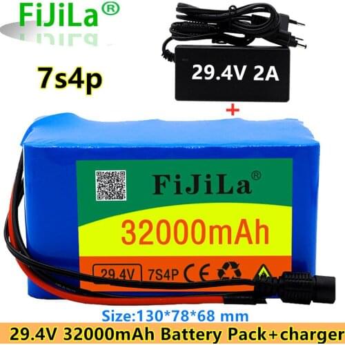 24V 7S4P 32000mAh high power 32AH 18650 Lithium Battery pack with BMS 29.4V Electric bicycle electric car+2A Charger