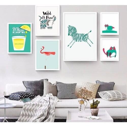 Small Fresh Personality Animal Canvas Painting Creative Cartoon Horse Flamingo Lemon Poster Childrens Room Wall Decor Pictures