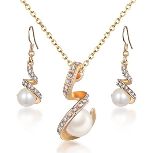 Cute simulated pearl jewelry sets for womne long chain gold color wedding bridal jewelry sets for ladies
