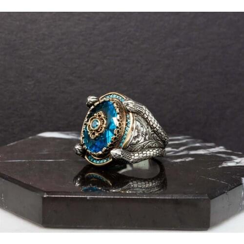 Blue Sapphire Stone Engraved Silver Men 'S Ring