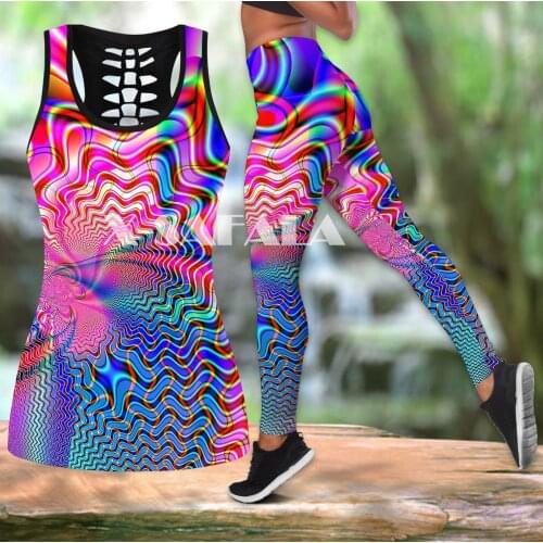Hippie Psychedelic Color Combo Two Piece Yoga Set Women 3D Print Vest Hollow Out Tank Top High Waist Legging Summer Casual Sport