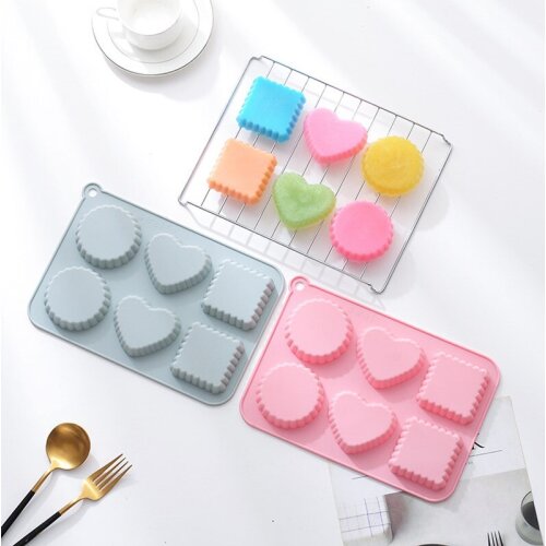 New 6 Hole Round Love Square Cake Mold Jelly Tart Silicone Mold Handmade Soap Multifunctional Non-stick Baking Tools