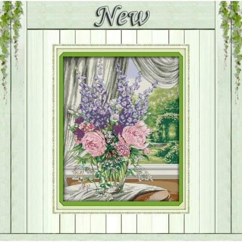 Window vase flower diy decor painting counted print on canvas DMC 14CT 11CT Chinese Cross Stitch Needlework Sets Embroidery kits
