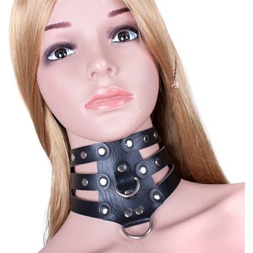 Delicate Sexy Black PU Leather Necklace Collars Rings Chastity Neck Collar Fetish Choker Bondage Adult Games Sex Toys For Woman