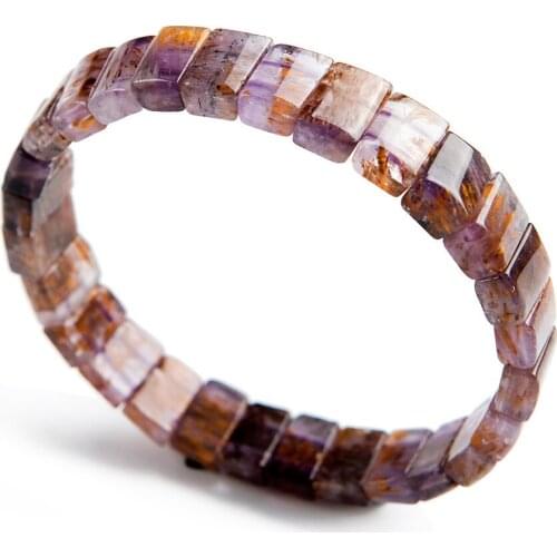 Genuine Natural Purple Gold Titanium Cacoxenite Rutilated Quartz Crystal Women Jewelry Bracelet