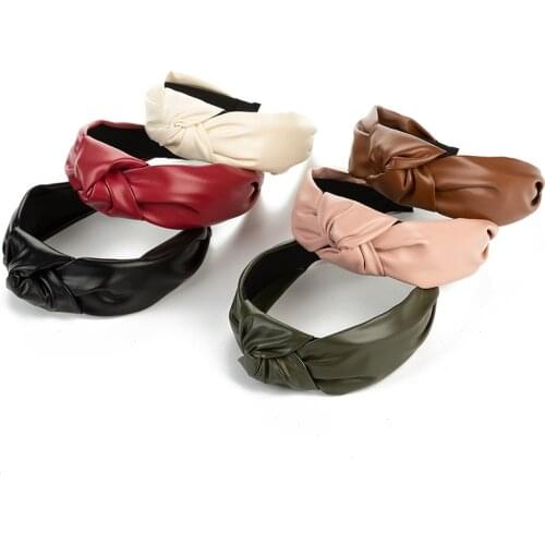 2021 New Women Headband PU Retro Hairbands for Women Top Knotted Girls Hair Accessories Handmade Head Hoop Bezel