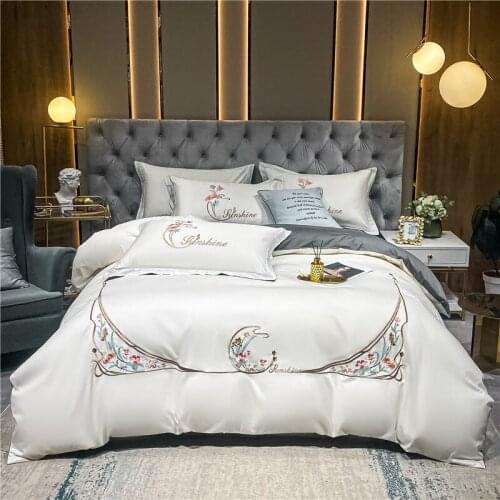 Luxury White Embroidery Cotton Satin Bedding Set Duvet Cover Bed Linen Fitted Sheet Pillowcases Home Textile King Queen Size