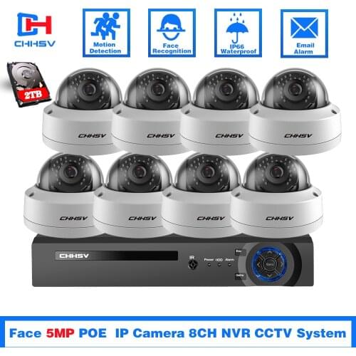 H.265+ 8CH CCTV System 5MP POE NVR Kit Face Detection Outdoor Waterproof IP66 Security 5MP POE IP surveillance cameras set