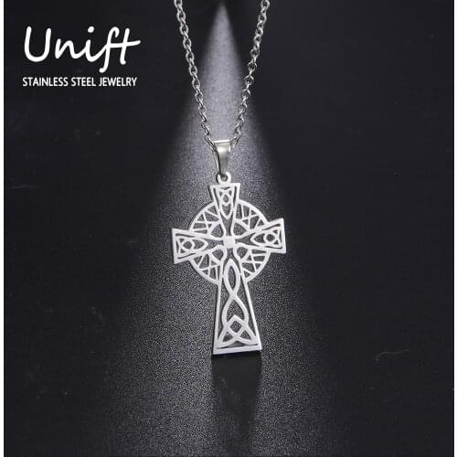 Unift Vintage Cross Jesus Pendant Stainless Steel Hollow Celtic Amulet Necklace Fashion Accessories Gift