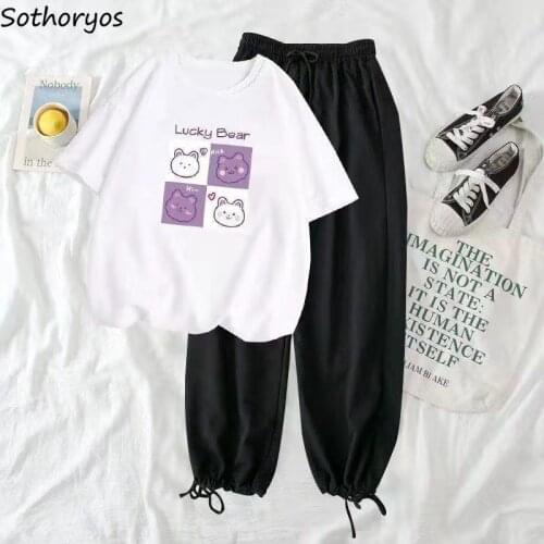 Sets Women Kawaii Cartoon Printed Leisure Plus Size S-3XL Students Short Sleeve T-shirts Loose Adjustable Solid Sweat Trousers