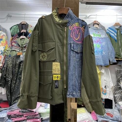 Irregular Hit Color Patchwork Loose Big pocket Letter Print Drawstring Army Green Denim Jacket Female Spring Casual Jeans Jacket