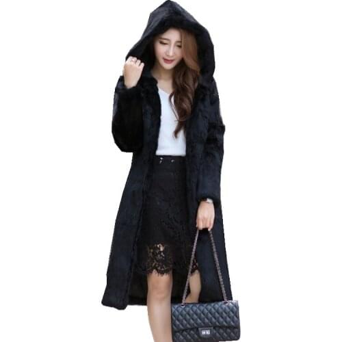 Real Rabbit Fur Coat Jacket With Hoody 100CM Length Autumn Winter Women Fur Trench Outerwear Coats Plus Size VF4057