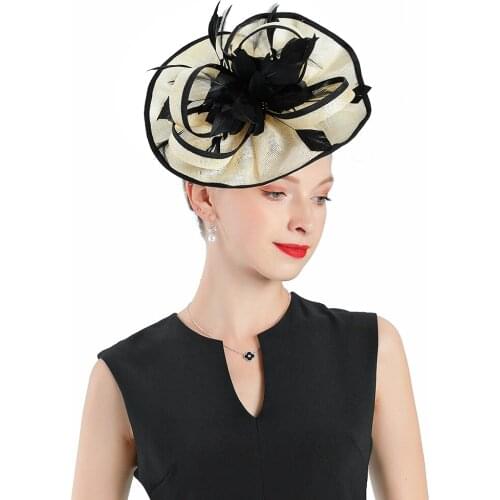 Women Fascinator Church Hat for Weddings Fedoras Beige Linen With Black Feather Flower Cap Tea Party Cocktail Prom Bonnet Hats
